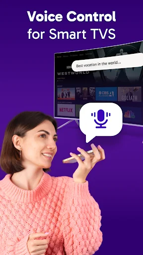 Voice control feature for smart TVs with woman using microphone command to control TV streaming content