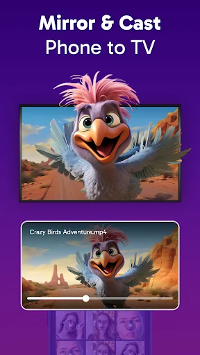 Mirror and cast phone content to TV screen showing animated bird character mirrored on both devices