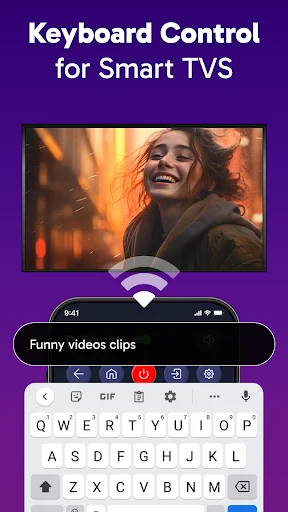 Keyboard control for smart TVs displaying QWERTY keyboard interface on smartphone below TV screen with content