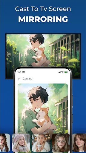 Cast to TV screen mirroring feature showing anime character image casting from smartphone to television with device list