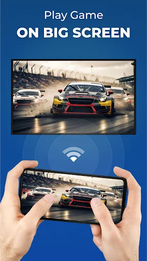 Play games on big screen feature demonstrating racing game displayed on TV controlled by smartphone with hands holding device