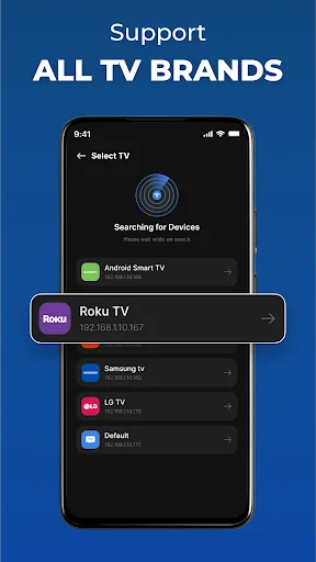 Support for all TV brands screen showing device selection with Android Smart TV, Roku TV, Samsung TV, LG TV options