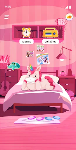 Unicorn Alarm Clock home screen with pink bedroom theme, cartoon unicorn on bed, and Alarms and Lullabies navigation buttons