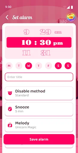 Set alarm interface showing time picker at 10:30 pm, day selection, alarm title input, snooze and melody options with Save button