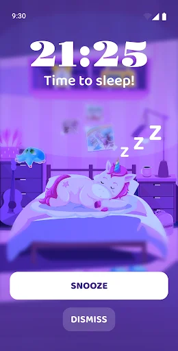 Bedtime notification screen displaying 21:25 with Time to sleep message, sleeping unicorn character, and Snooze and Dismiss buttons