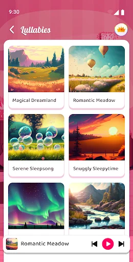 Lullabies tab showing six scenic landscape options including Magical Dreamland and Romantic Meadow with music player controls