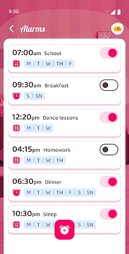 Alarms list screen displaying multiple scheduled alarms with times, titles like School and Breakfast, days of week, and toggle switches