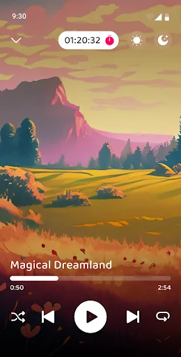 Lullaby player interface for Magical Dreamland showing scenic landscape image with playback controls and time duration display