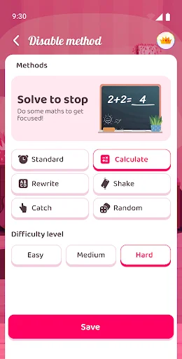 Disable method settings screen with Solve to stop math puzzle feature, method options, and difficulty level selection buttons