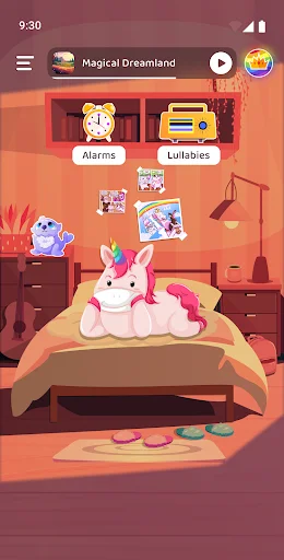 Unicorn Alarm Clock home screen with Magical Dreamland lullaby now playing, pink bedroom theme with unicorn character and navigation menu