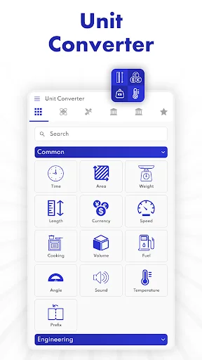 Unit Converter app menu displaying conversion categories including time, area, weight, length, currency, speed, temperature and more