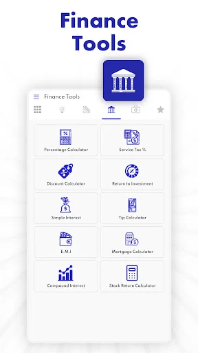 Finance Tools menu featuring Percentage Calculator, Discount Calculator, Tip Calculator, Mortgage Calculator, and financial tools