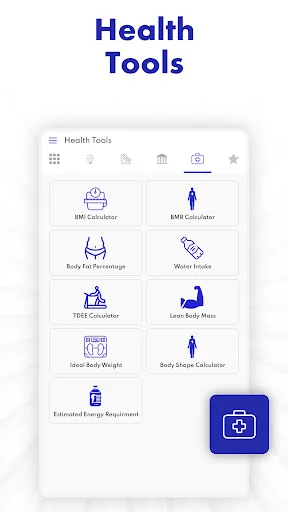 Health Tools menu with BMI Calculator, Body Fat Percentage, Water Intake, TDEE, Lean Body Mass, and health calculators