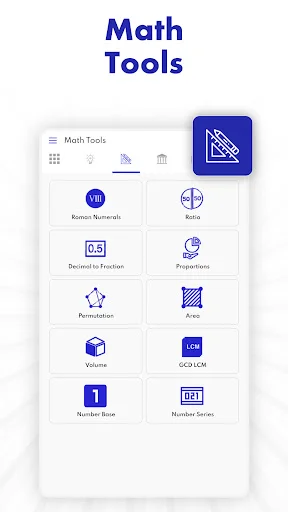 Math Tools menu displaying Roman Numerals, Ratio, Decimal to Fraction, GCD/LCM, Permutation, Area, Volume, and math calculators