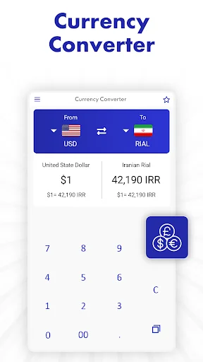 Currency Converter showing USD to Iranian Rial exchange rate conversion with live calculation display and numeric input keypad