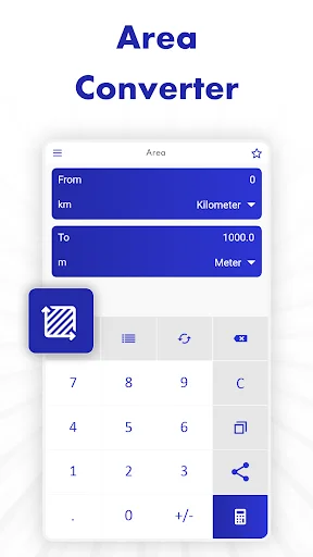 Area Converter interface converting square kilometers to square meters with numeric keypad, unit selector and calculation display