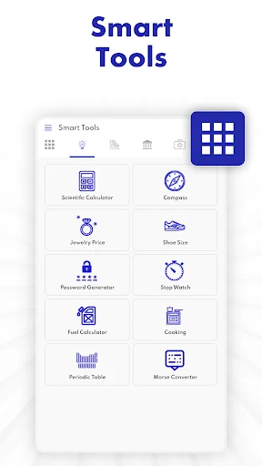 Smart Tools menu featuring scientific calculator, compass, jewelry price, password generator, stopwatch and utility tools