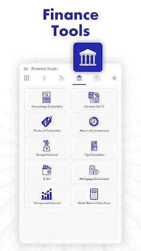 Finance Tools menu with percentage calculator, investment calculator, mortgage calculator, EMI and financial utilities