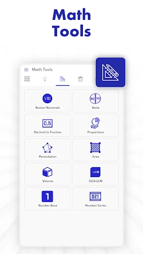 Math Tools menu with roman numeral converter, ratio calculator, permutation, area, volume, LCM and math converters