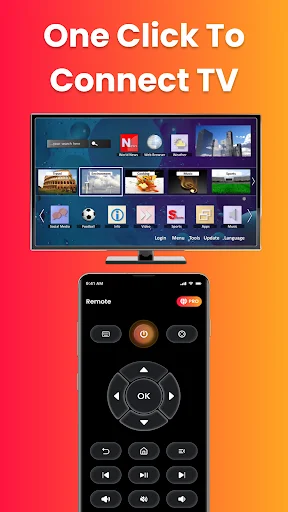Fire Remote TV remote control app displaying one-click connection to Fire TV devices with central navigation wheel and control buttons