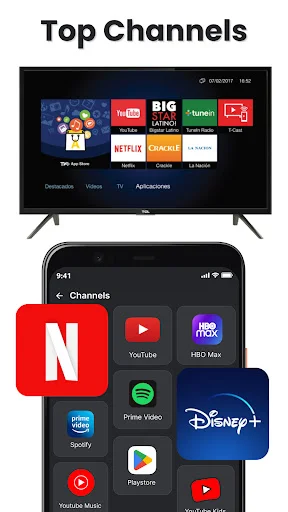 Streaming channels remote showing Netflix, YouTube, HBO Max, Disney+, Spotify, and Prime Video app icons for smart TV entertainment access