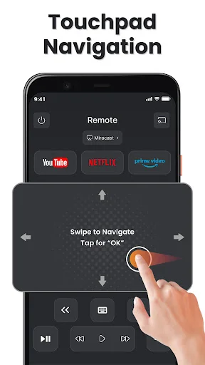 Touchpad navigation interface with swipe gestures for remote control TV and app selection in Universal TV remote app