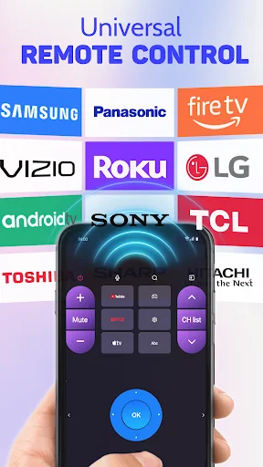 Universal TV Remote Control app showing brand logos (Samsung, LG, Sony, Roku) and smartphone with remote interface