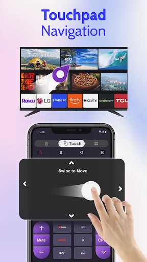 Smart TV touchpad navigation feature with finger gesture controls and streaming service logos displayed on TV screen