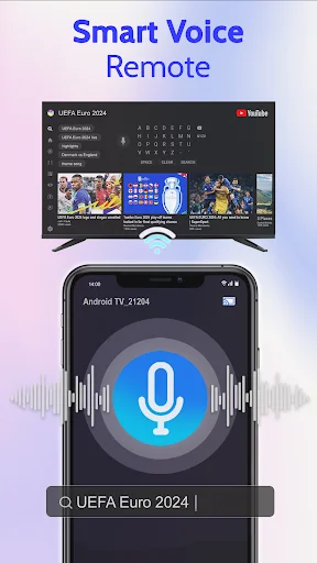 Voice remote control interface with microphone icon and sound waves, YouTube UEFA Euro 2024 content on smart TV