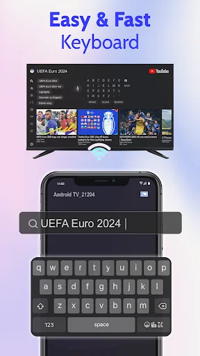 Virtual keyboard input for smart TV remote control app, typing UEFA Euro 2024 search query on television screen