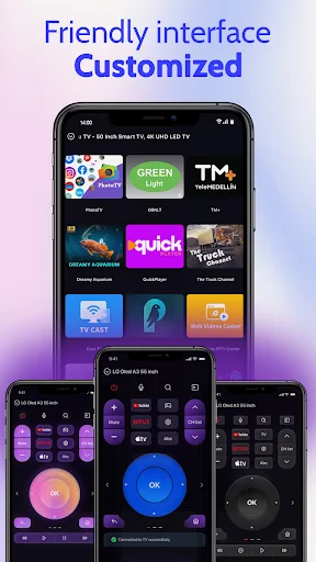 Customizable remote control interface showing multiple TV brand remotes and streaming apps like Netflix, Disney+