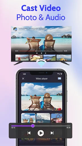 Cast video, photo and audio feature displaying beach vacation content from phone to smart TV with media controls
