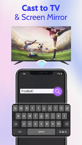 Screen mirroring and cast to TV functionality showing football match search with virtual keyboard on smartphone