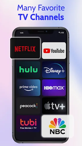 Popular streaming channels interface displaying Netflix, YouTube, Hulu, Disney+, Prime Video, HBO Max apps