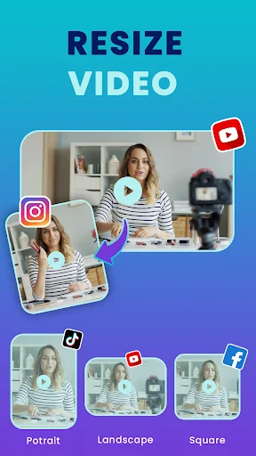 Video Resizer home screen with portrait, landscape, and square aspect ratios for resizing videos to social media