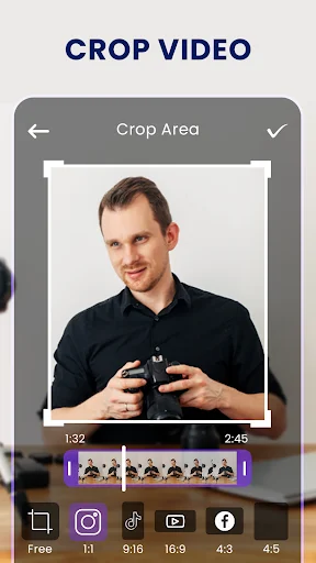 Video crop editor with adjustable crop frame showing preview and social media format options for editing