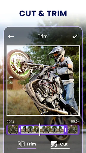 Video trim and cut editor with timeline controls for trimming and cutting video clips by duration