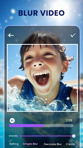 Video blur effect editor with intensity slider for applying blur effects and customizing blur settings