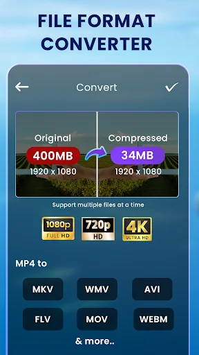 Video compressor and file format converter showing MP4 compression from 400MB to 34MB with format options