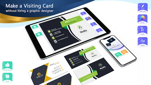 Business card maker app showing design templates on tablet and smartphone devices for creating professional visiting cards