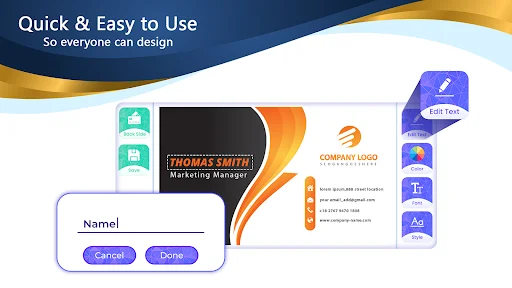 Quick business card design editor with options to customize employee details, company info, and card layout easily