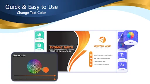 Business card maker text color customization tool with interactive color picker gradient for changing text colors