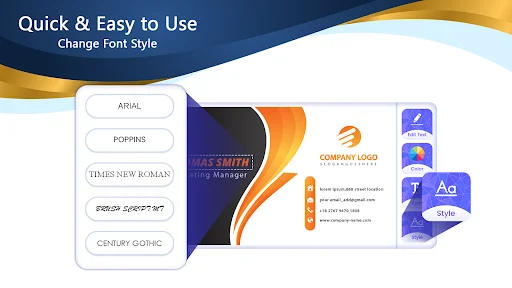 Font style selector in business card maker with typeface options like Arial, Poppins, and Times New Roman
