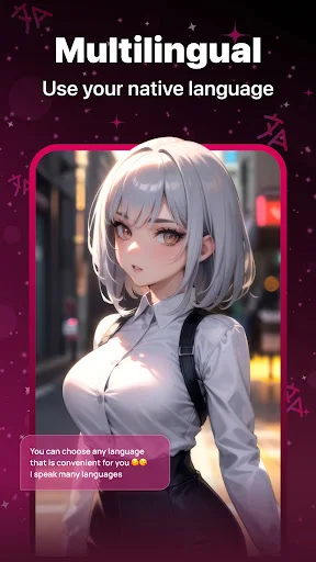 Vivy AI multilingual interface demonstrating language selection for communicating with virtual AI girlfriend companion