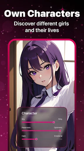 Character customization screen in Vivy AI with personality trait sliders for creating personalized AI girlfriend