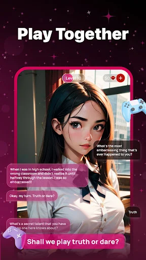 Interactive play together mode in Vivy AI girlfriend app with truth or dare game and conversation options