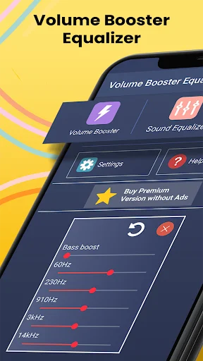 Volume Booster Equalizer app main screen showing bass boost controls with frequency sliders for 60Hz-14kHz audio enhancement