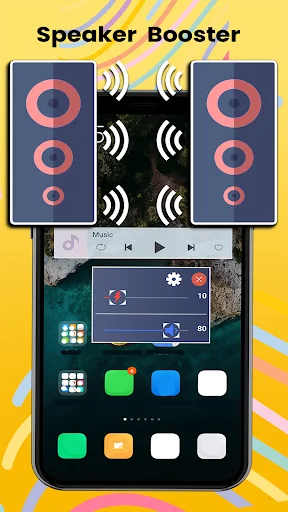 Speaker amplification mode displaying dual speakers with sound waves and volume boost controls for external audio enhancement