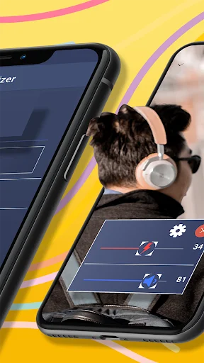 Person wearing headphones using Volume Booster Equalizer app interface with frequency adjustment controls on smartphone screen