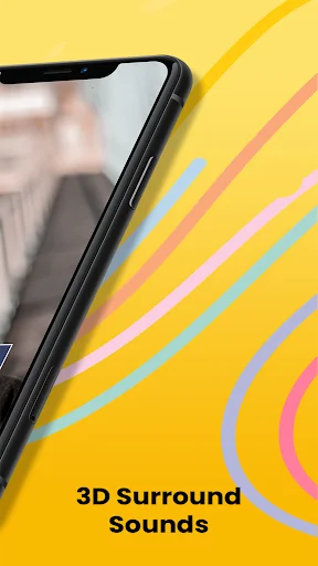 Volume Booster Equalizer 3D Surround Sounds feature displayed on smartphone with colorful wave pattern background design